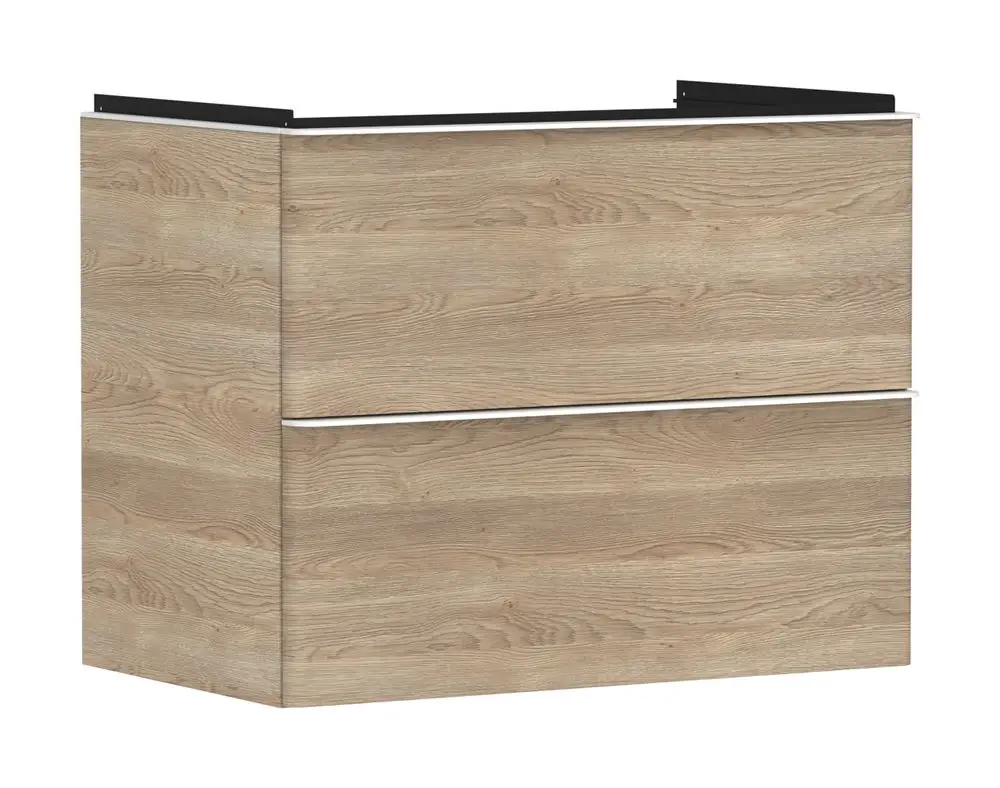 Waschtischunterschrank in Holzoptik von Hansgrohe, ausgestattet mit zwei Schubkästen. Schlichtes Design für funktionale Anwendungen im Badezimmer.